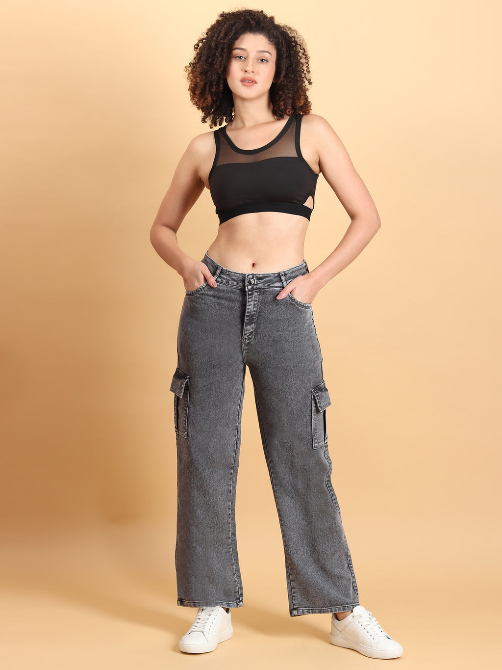 Soft Grey Denim Cargo Jeans