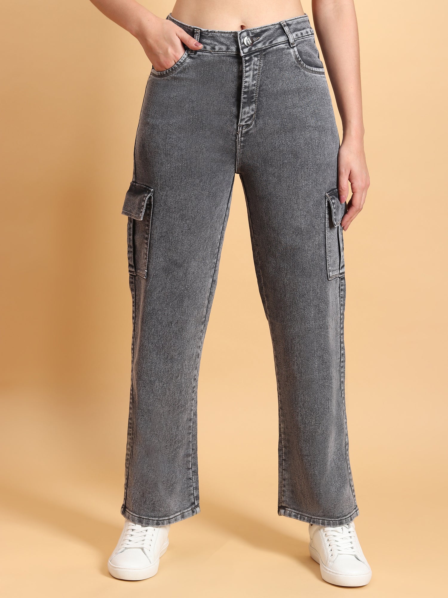 Soft Grey Denim Cargo Jeans