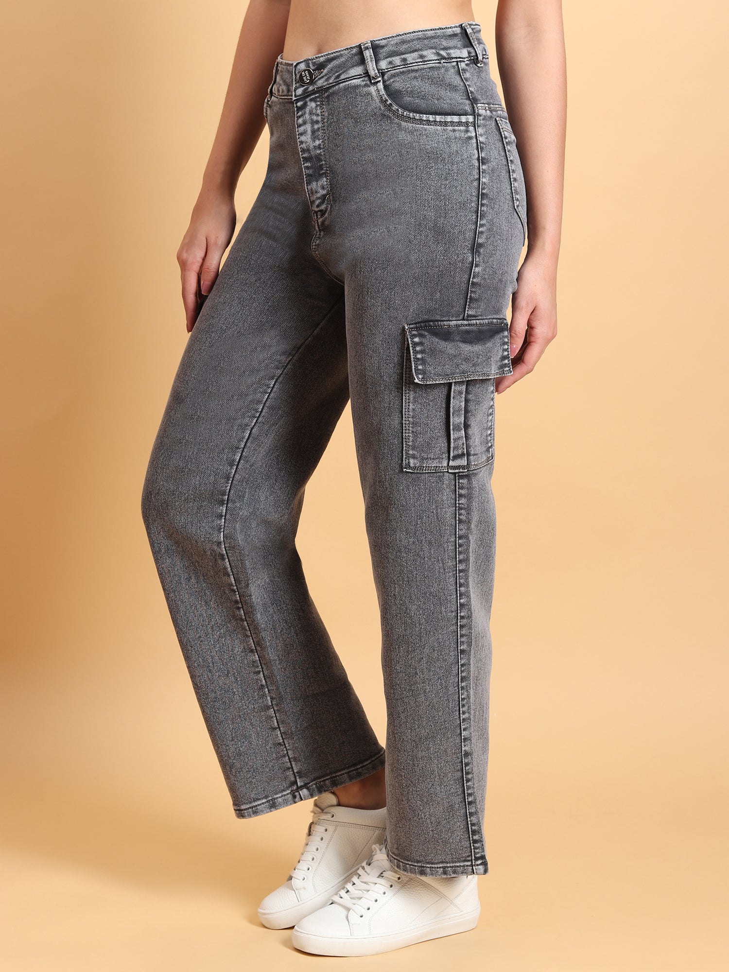 Soft Grey Denim Cargo Jeans